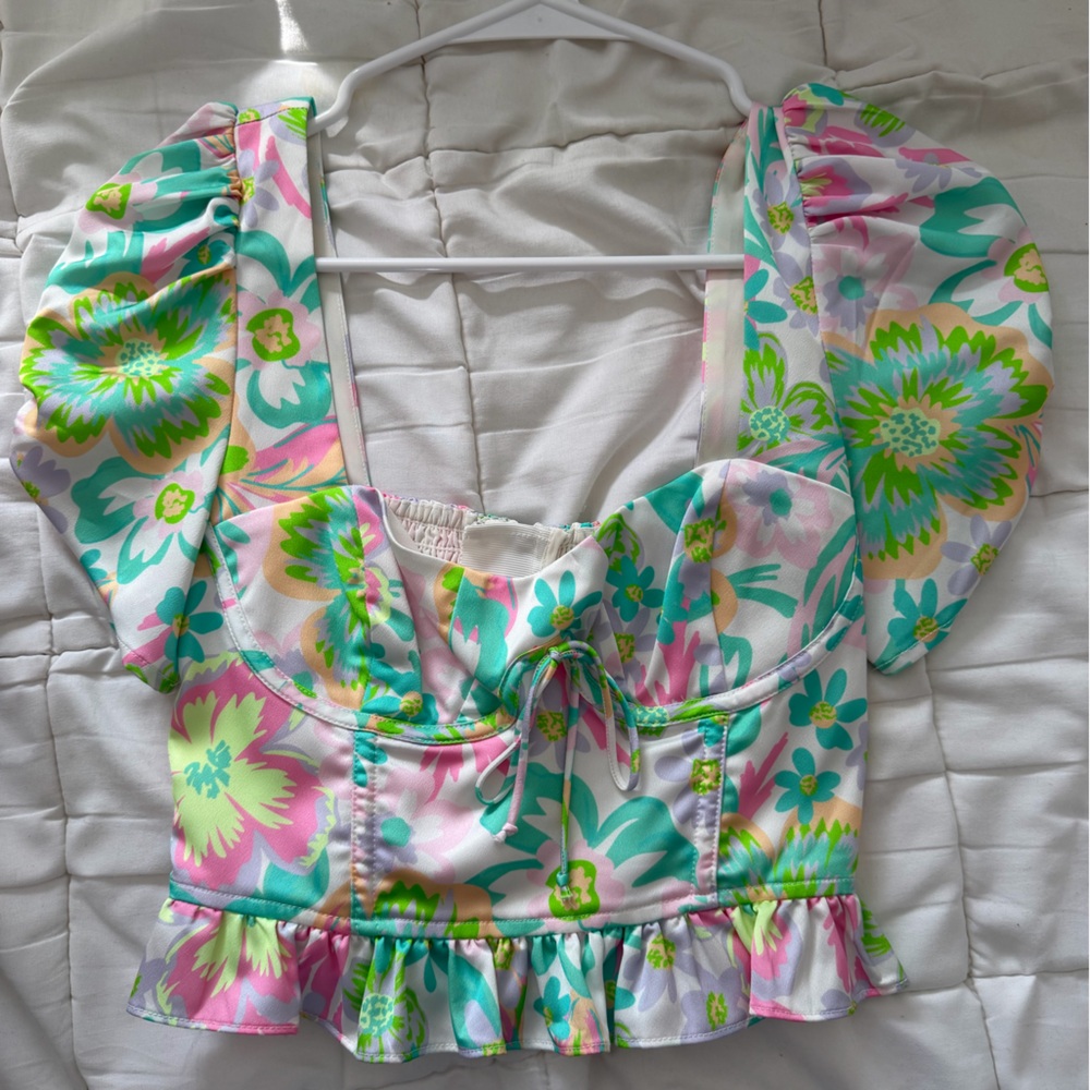 For Love And Lemons Floral Puff Sleeve Blouse - Pink, Green, Blue